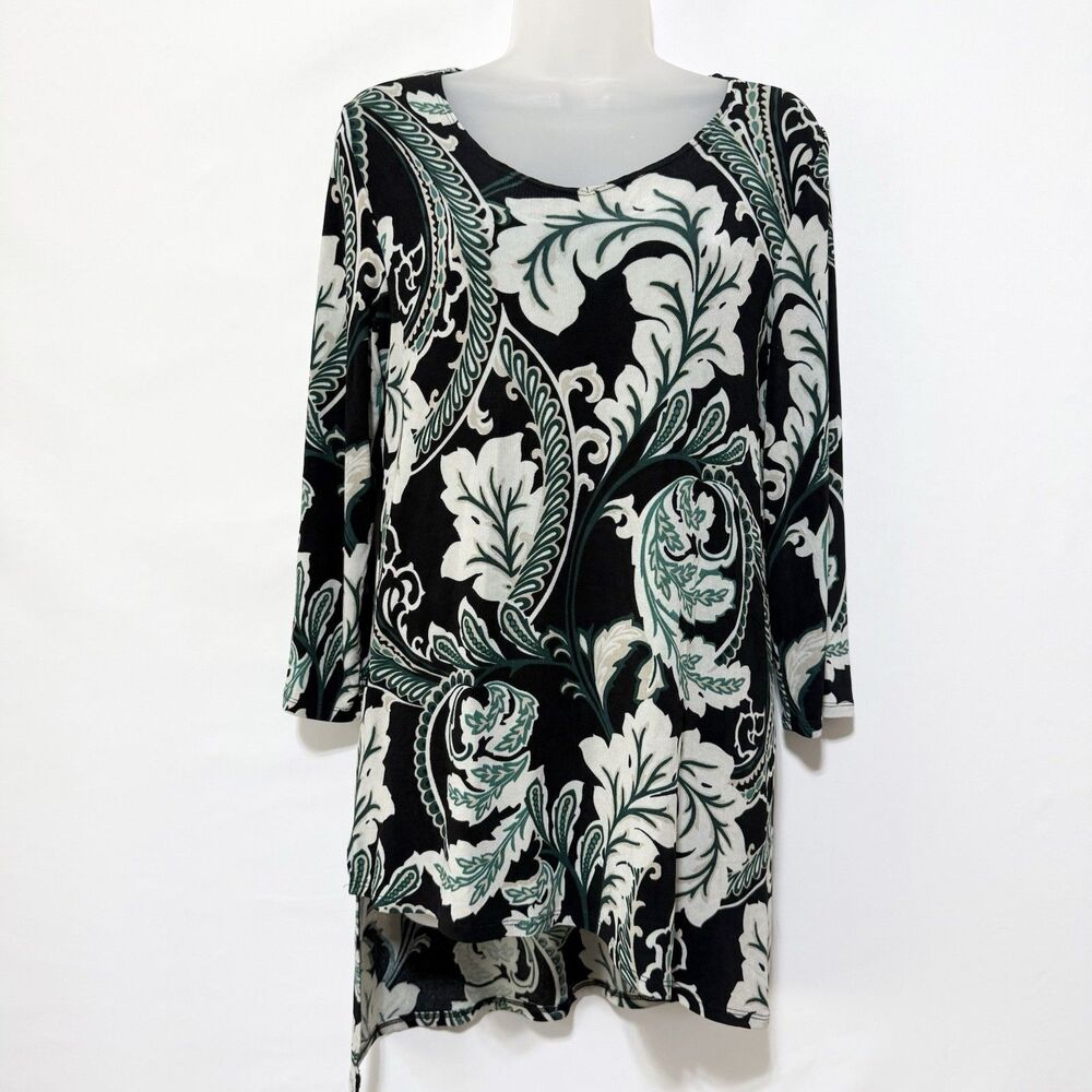 Chico’s Travelers Women’s Size 0/S Black Green Paisley Asymmetrical Tunic Top